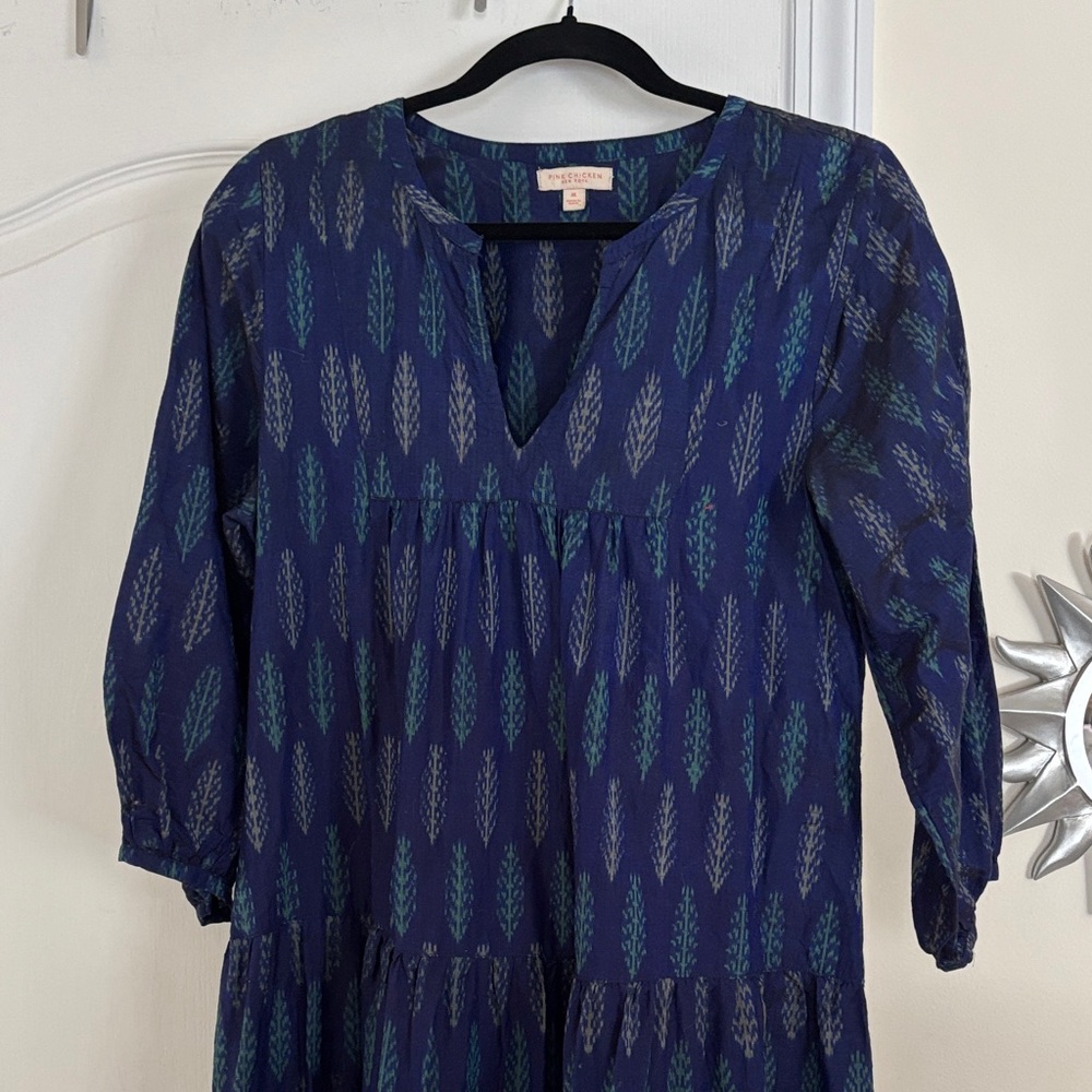 Pink Chicken New York Ladies Blue Green IKAT Silk Midi Dress-M